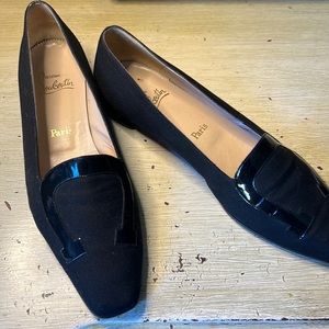 Christian Louboutin, 39.5, black linen loafers with patent leather horse shoe.